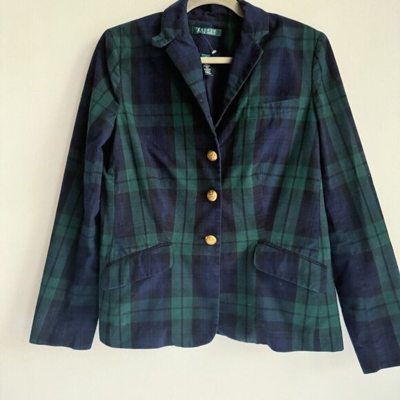 Lauren Ralph Lauren Blackwatch Plaid Blue Green Cotton Blazer 12 - Picture 2 of 11